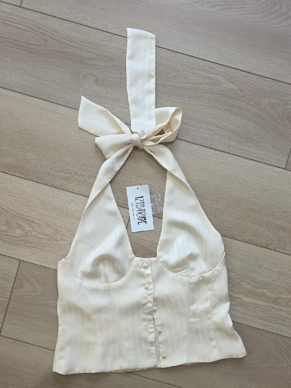 12th Tribe Dorothy Cream Pinstripe Satin Halter Button-Front Top - Picture 5 of 12